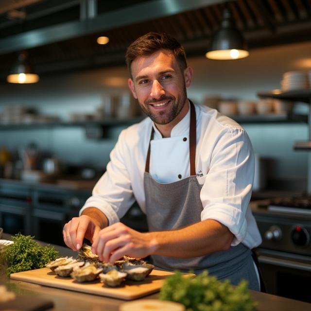 Chef Liam O’Connor preparing oysters in the open kitchen