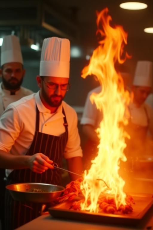 Kitchen team flaming lobster