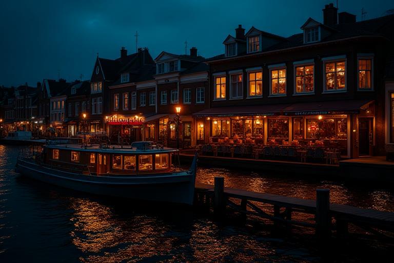 Evening harbour lights reflecting on restaurant windows